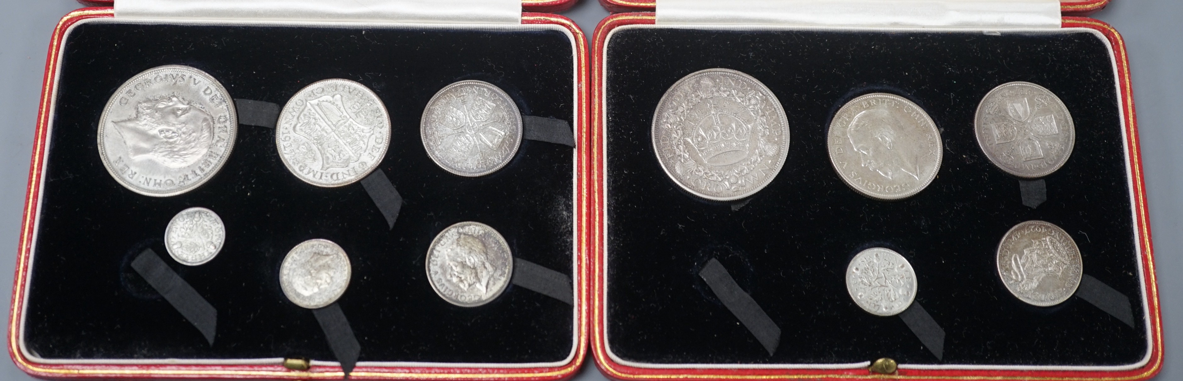 Two George V silver proof coin sets 1927, crown to threepence, (one set missing a threepence), Both sets UNC with toning